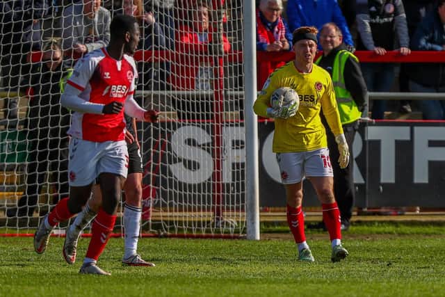 Callum Camps in goal for the closing moments of Fleetwood's defeat by Accrington after Alex Cairns was sent off Picture: SAM FIELDING/PRiME MEDIA IMAGES