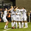 Fylde celebrate a Jon Ustabasi goal Picture: STEVE MCLELLAN