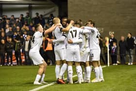 Fylde celebrate a Jon Ustabasi goal Picture: STEVE MCLELLAN