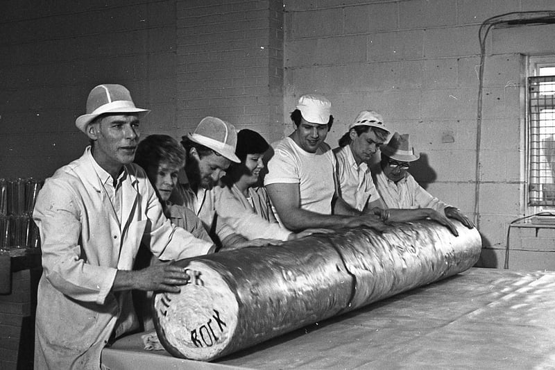 This giant stick of candy was a rock solid record. The 500lb monster entered the Guiness Book of Records as the largest rock around. Nine feet, two inches long and 14 1/2 inches thick, the rock rolled off the production line at Blackpool's Fylde Confectionery Company after a marathon cooling session