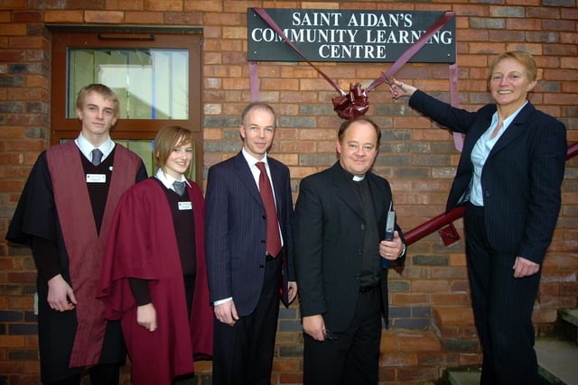 The new Community Learning Centre at St. Aidan's School in Preesall being officially opened. Pictured at the ribbon-cutting are L-R: Fergus Kent, Verity Corbett, Head Alan Porteous, Rev. Stephen Grey, and Head of Information BAe Systems Christina Aspden