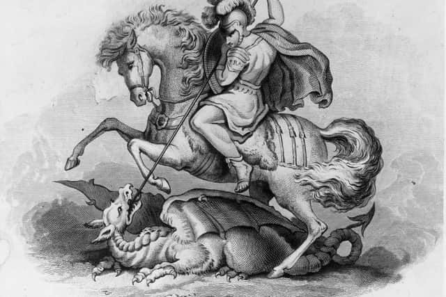 St George, patron saint of England and Portugal, slaying the dragon in AD 300. This is an original 19th century engraving (Photo by Hulton Archive/Getty Images)
