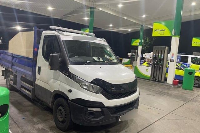 This Iveco Daily was at the next petrol pump to a patrol car at the Tickled Trout Services, Preston. 
A check on the driver showed he was disqualified from driving and also had an outstanding warrant for his arrest. He was arrested.