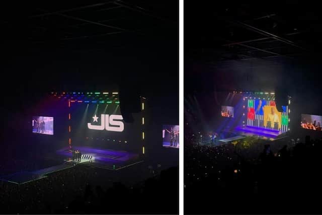 The stage lighting at the end of the performance. Blue, red, green and yellow are the traditional JLS colours.