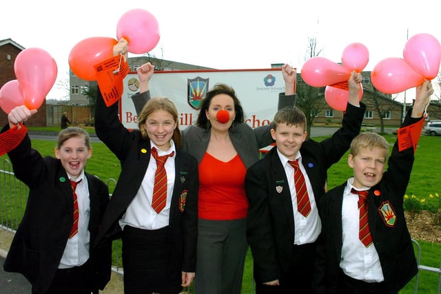 Pastoral manager Karen Wilson at Blackpool's Beacon Hill High School with, from left, Jasmine, Honey, George, and Graham, celebrating their balloon release for Comic Relief