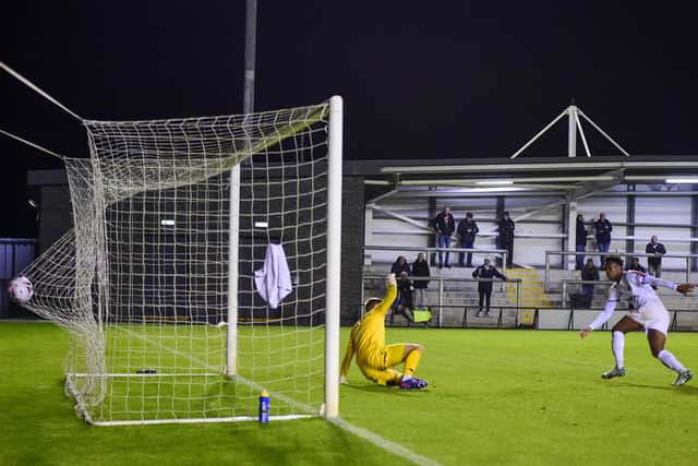 Siya Ligendza scores AFC Fylde's first goal Picture: Steve McLellan