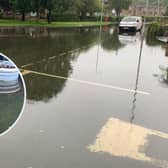 Floods on Lawsons Road in Thornton. inset: Koi and goldfish swim around the garden after a pond overflowed.