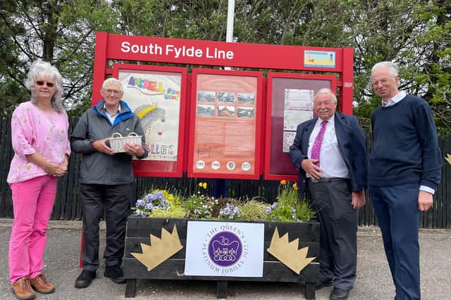 Karen Cornforth  (pictured left) from the Friends of Ansdell and Fairhaven Train Station which won a 5 Year Award. 
She is pictured with local railway historian Peter Fitton, chairman of the South Fylde Line Tony Ford and chairman  of Community Rail Lancashire Richard Watts when Ansdell heritage trail was unveiled earlier this year