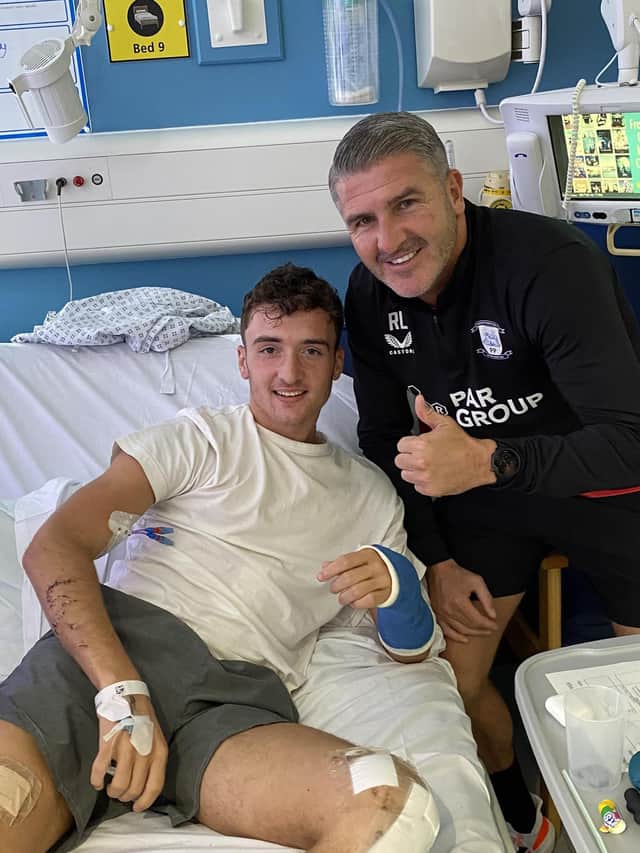 Preston North End manager Ryan Lowe visiting young forward Finlay Cross-Adair, 18, in Royal Preston Hospital last week. (Picture by Mick Adair)