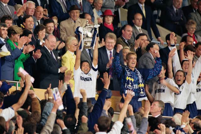 Gary Mabbutt lifts the FA Cup for Tottenham Hotspur in 1991 (Photo by David Cannon/Allsport/Getty Images)