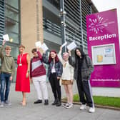 Blackpool Sixth Form College 2022 A Level results. Principal Jill Gray (centre) with some of the successful students.
