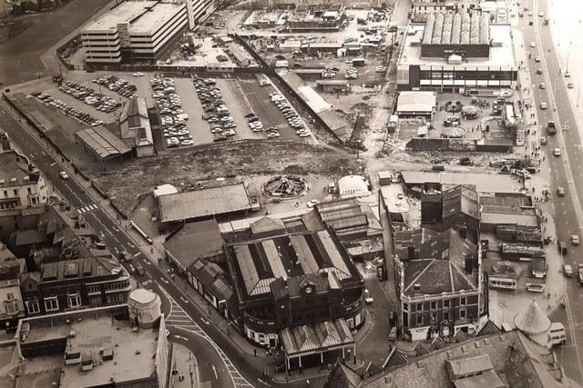 This photo adds some context to where the old station was in relation to the surrounding area. The station features prominently at the foot of the picture. A new multi-storey car park is top left and was nearing completion. The new police headquarters building was taking shape next to the car park where the trainlines would have run. The caption on the back of the photo talks about 'a proposed new road linking Central Drive with the promenade. In the background (left) is the old railway line which may become a new road link to the M55.' This was June 1973