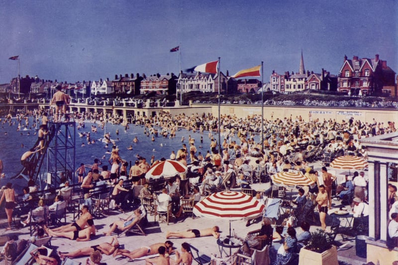 A brilliant summer scene at St Annes outdoor swimming pool, 1951