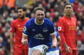 Everton's English defender Matthew Pennington celebrates after scoring their first goal during the English Premier League football match between Liverpool and Everton at Anfield in Liverpool, north west England on April 1, 2017.