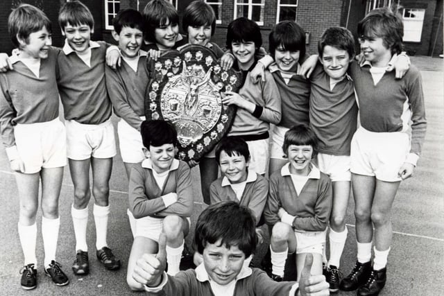 Thames Road School under 11s football team with the Blackpool Primary Schools Football League Southern Division championship shield
