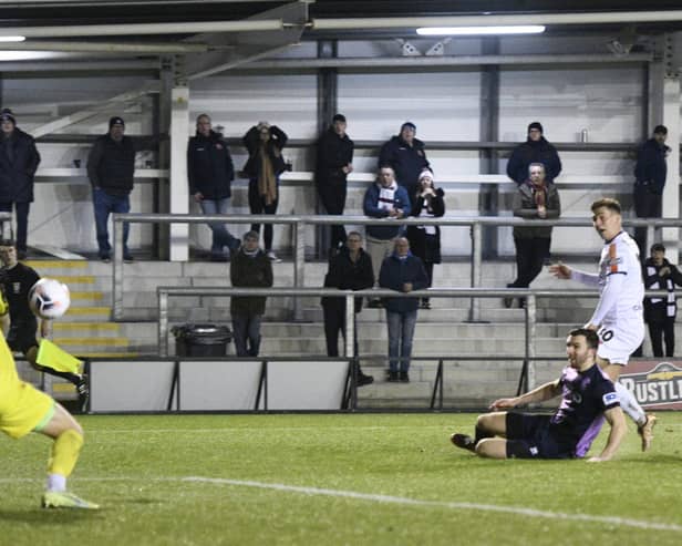 Nick Haughton is denied by Blyth Spartans keeper Alex Mitchell  Picture: STEVE MCLELLAN