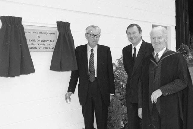 A new £750,000 general purpose hall at an independent Lancashire school was officially opened by the Earl of Derby. The hall, at Kirkham Grammar School, ends decades of cramped school assemblies. Pictured above are Lord Derby; chairman of the governors Peter Hosker; and headmaster Malcolm Summerlee