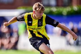 Danny Ormerod scores AFC Fylde's equaliser at Radcliffe Picture: Steve McLellan