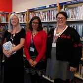 Averil (left) alongside Jane Berry, library manager, and Layton staff members Joanne Cairns and Sandeep McMinn