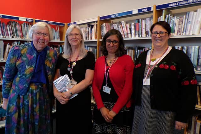 Averil (left) alongside Jane Berry, library manager, and Layton staff members Joanne Cairns and Sandeep McMinn