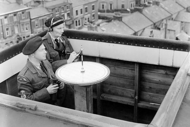 Members of the Blackpool team of the Royal Observer Corps in their watching post on top of Talbot Road Bus Station in 1961