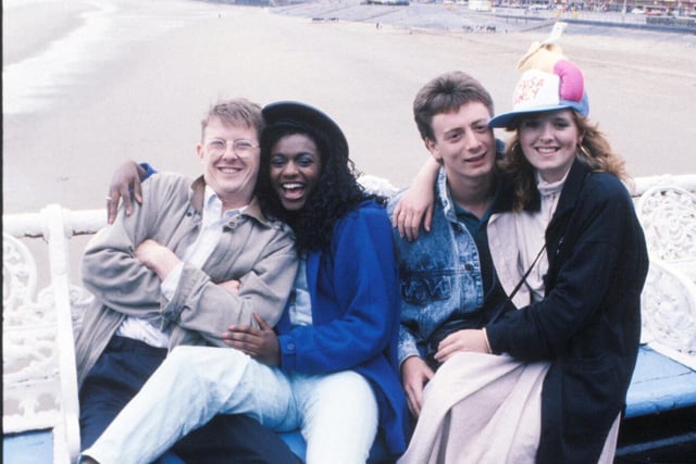 Coronation Street in Blackpool - Curly Watts [Kevin Kennedy], Martin Platt [Sean Wilson] Shirley Armitage [Lisa Lewis], and Jenny Bradley [Sally Ann Matthews]