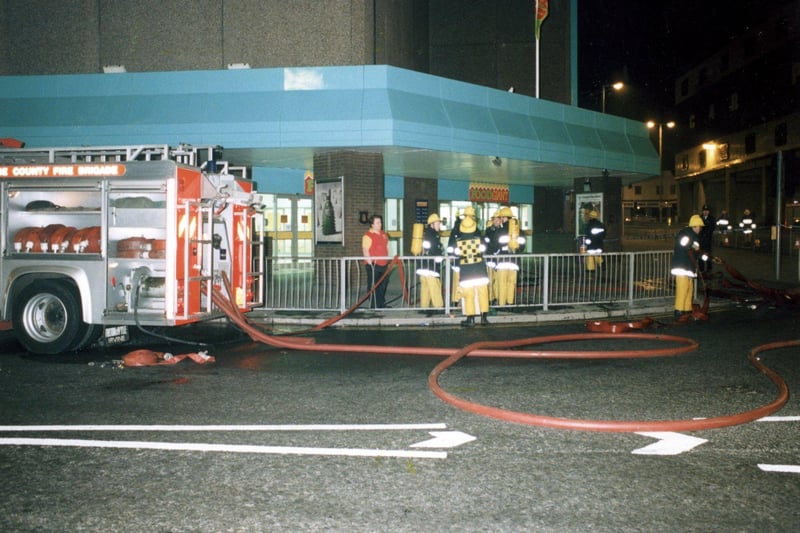 Police outside Fine Fare on the corner of Talbot Road and Dickson Road following fire bombs in the town centre