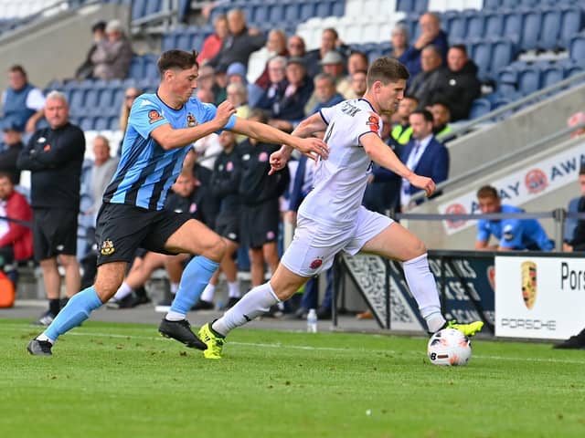 Danny Philliskirk on the ball for Fylde against Southport, having scored the winner at Chester two days earlier Picture: ADAM GEE