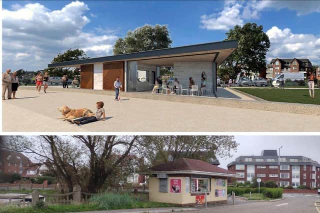 An image of the planned new ice cream kiosk at Fairhaven, with the current kiosk below.Design image: Creative Sparc Architects