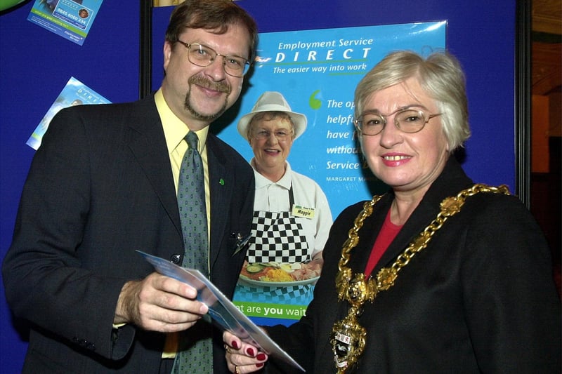 The Winter Gardens in Blackpool hosted the 2001 Employment Service Jobfair. Mayor of Blackpool Cllr Sue Wright on the Employment Service stand with ES District Manager Steve Johnson