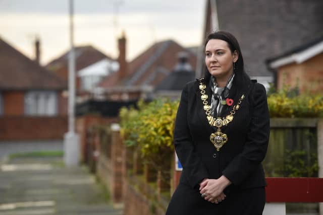 Blackpool Mayor Amy Cross observes the 2 minute silence outside her home on Armistice Day during lockdown