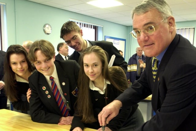 Lancashire County Council's Christopher Trinick officially opened Cardinal Allen High School's new technology classrooms in 2001. Pictured are deputy head girl Flyn Lund, head boy Dominic Thorrington, deputy head boy Greg Tirrell and head girl Elizabeth Hounshaw