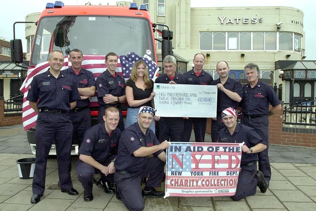 Yates's secretary Shiona MacMillan and some of the firefighters from South Shore Fire Station, who raised £12,520 for New York firefighters, by collecting in front of Yate's South Shore, 2001