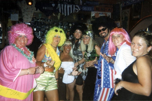 Lionel Vinyl with some of the crew in 70s gear out on a night out in 1999. This was probably at Heaven and Hell - are you pictured?