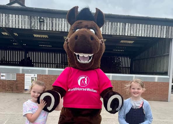Beth and Molly Penrice meet World Horse Welfare mascot Winnie at the Penny Farm party