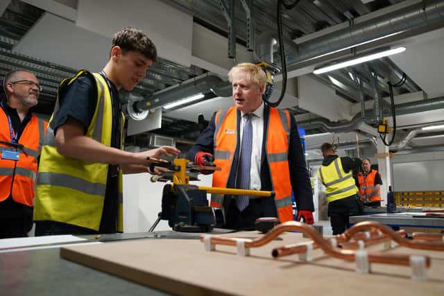 Prime Minister Boris Johnson meeting student Cassidy at Blackpool and The Fylde College in Blackpool