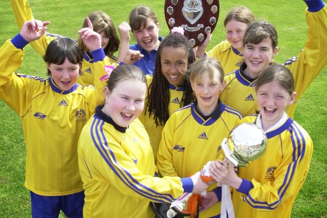 Bispham High School Under 16's girls soccer team, winners of the Lancs U16's Girls Cup in 2002. Back L-R Angela Hynds, Helen Birkby and Kirsty Johnson. Middle Row  Kim Hirst, Tiffanie Foster and Natalie Collumbire,. Front L-R Julie Young, Natasha Hardwick and Danielle Threlfall