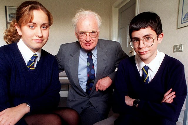 Rachael Howarth and Tristan Walker-Buckton both had entries accepted for the Exemplification of Standards book in History. Pic shows them with Hodgson Head John Bowers in 1996