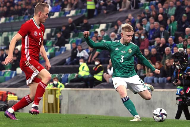 Paddy Lane on the ball for Northern Ireland against Hungary at Windsor Park