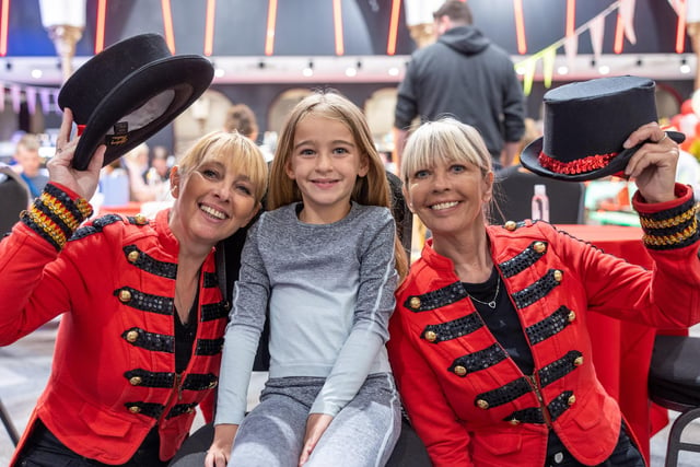 Young carer Sophia Hall with circus performers Lynne Mulley and Andrea O'Brien at the Blackpool Tower event.