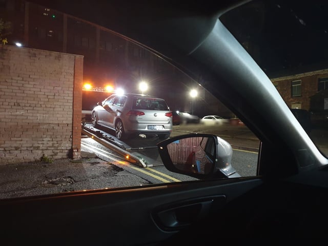 This VW was stopped in Preston for no front or rear number plates
On further inspection, officers found three of the four tyres were illegal, because of no tread and cords exposed.
A prohibition order was placed on the vehicle and it was recovered due to the risk of driving in a dangerous condition. The driver was reported for the offences.