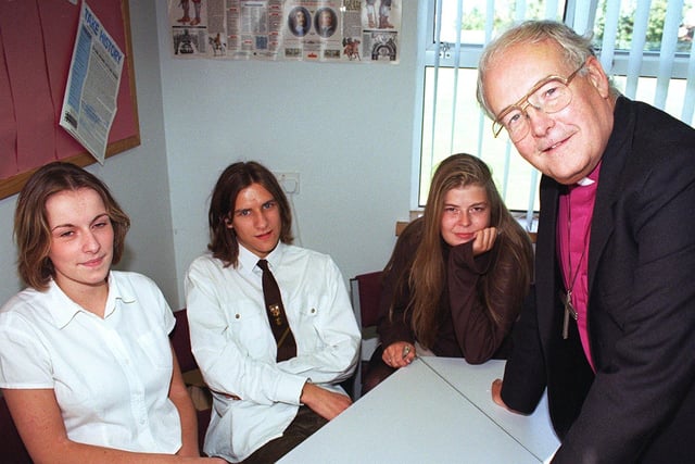 Philosophy and ethics students at Baines High School - Becci Slater, Paul Lucas and Zoe Allison meet the right rev Jack Nicholls to debate issues in 1996