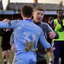 AFC Fylde interim boss David Longwell congratulates keeper Ben Winterbottom after the win at Altrincham Photo: AFC Fylde