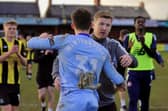 AFC Fylde interim boss David Longwell congratulates keeper Ben Winterbottom after the win at Altrincham Photo: AFC Fylde