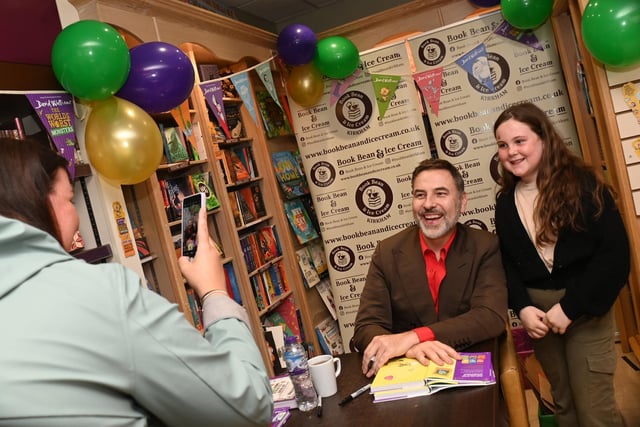 LANCASHIRE POST - BLACKPOOL - 15-07-23 Celebrity, comedian and children's author David Walliams promotes his new book, The World's Worst Monsters, at Book Bean and Ice Cream, Kirkham, where he met excited fans and their parents, signed booked and posed for photographs.