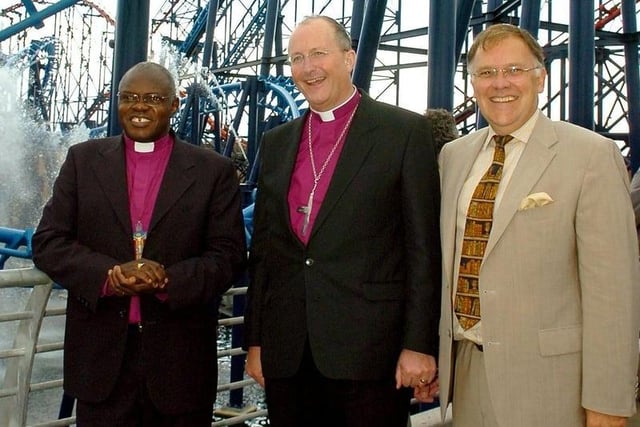 The Archbishop of York Dr John Sentamu at the Pleasure Beach Infusion ride, with Director David Cam (right) and the Bishop of Blackburn - the Rt Rev Nicholas Reade.