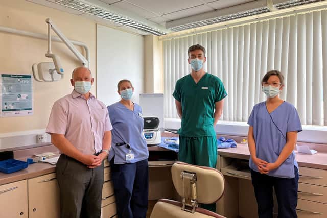Consultant Kevin Mellan, third from the left, at a PRF Duo Quattro Full System nurse training session delivered by David Stopford, first left, with registered dental nurses Heather Appleyard and Gemma Littlefair