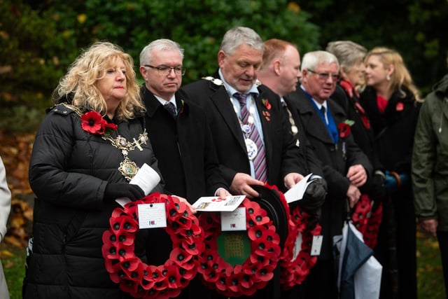 Fylde mayor Coun Cheryl Little, Fylde MP Mark Menzies and civic part members at the Kirkham Remembrance Day Service
