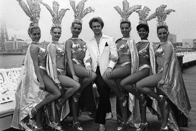 Impressionist Bobby Davro with the Marina Zelos dancers on Central Pier in 1988