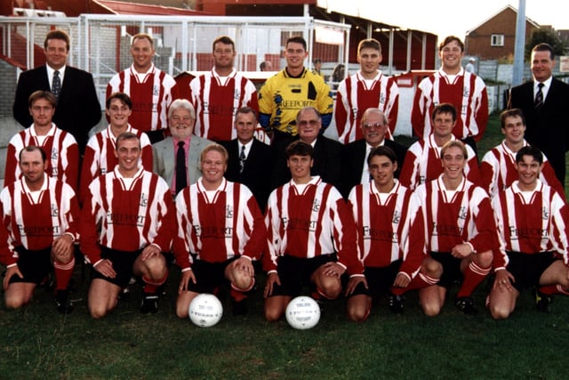 Fleetwood Wanderers football team. Front (from left): Michael Strachan, Dave Warburton, Dave Moran, John Riches, Stuart Beech, Paul Haslam, and Dean Cheeseman. Middle (from left): Dean McGinley, Simon Longrigg, David Swann, Jim Betmead, Sean Collidge, Brian Cartmell, Graham Yeo, and Brian Summers. Back (from left): Alan Hill (assistant manager), Mark Witter, Andy Moran, Glen Bold, Jason Weller, Frank Cygal, and Alan Tinsley (manager)